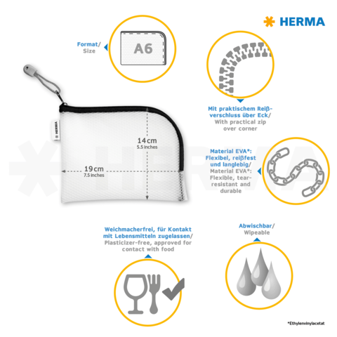 Kleine, weiße Tasche mit Reißverschluss, Größe A6, aus flexiblem, lebensmittelechtem EVA-Material, abwaschbar und langlebig.