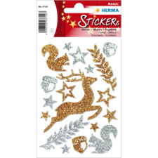 Glitzernde Aufkleber mit verschiedenen Motiven, darunter ein Eichhörnchen, Sterne und Blätter in Gold- und Silbertönen.