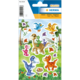 Bunte Dinosaurier-Sticker in verschiedenen Farben und Formen, umgeben von Pflanzenmotiven auf einer Verpackung.