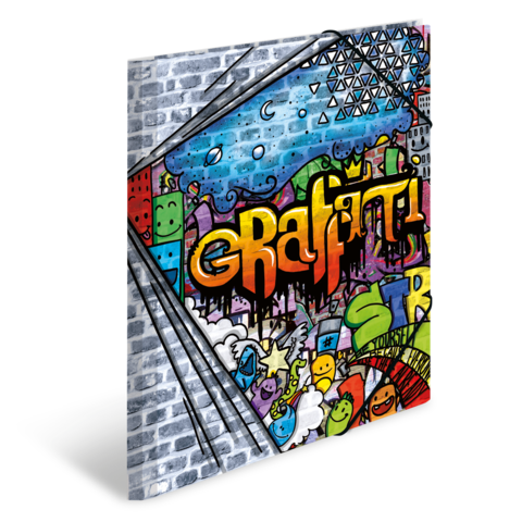 Bunte Graffiti-Kunst auf einer Mauer, mit verschiedenen Figuren, Farben und dem Wort "Graffiti" prominent dargestellt.