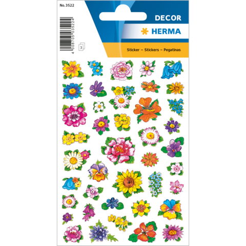 Bunte Blumensticker auf einem Bogen, verschiedene Designs und Farben, geeignet für Dekoration und Bastelprojekte.