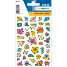Bunte Blumensticker auf einem Bogen, verschiedene Designs und Farben, geeignet für Dekoration und Bastelprojekte.