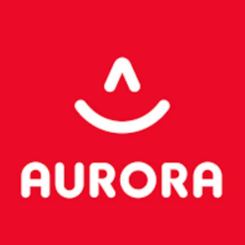Das Logo von Aurora zeigt ein lächelndes Gesicht auf rotem Hintergrund. Darunter steht der Schriftzug 'AURORA' in weißer Schrift.