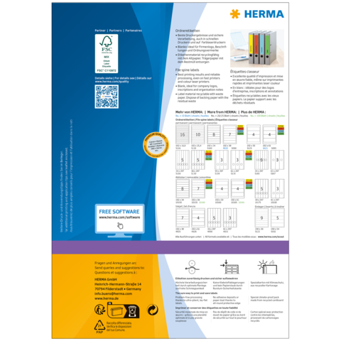 Produktinformation für HERMA-Ordneretiketten, einschließlich Anleitungen zur Verwendung und Links zu kostenloser Software.