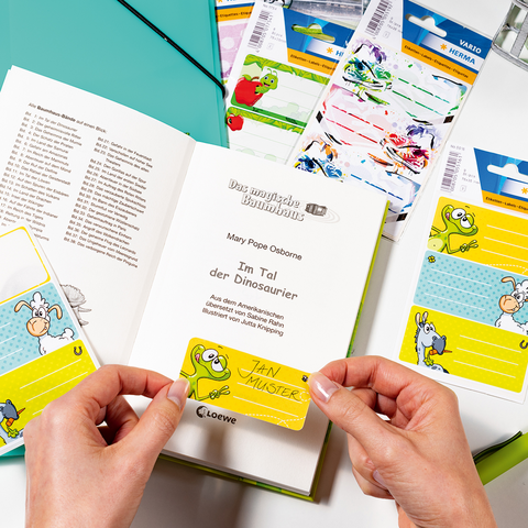 Hände halten eine gelbe Notizkarte mit einem Cartoon-Motiv. Im Hintergrund sind ein Buch, Schreibwaren und eine Vase mit Blumen sichtbar.