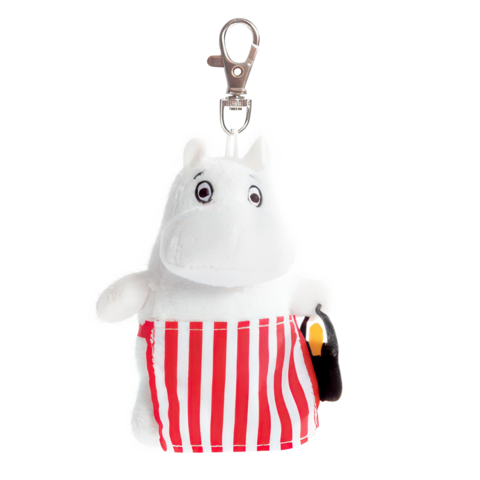 Plüschfigur eines Mumin mit einer gestreiften Schürze und einem Schlüsselanhänger.