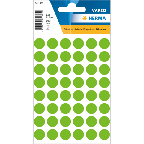 Grüne runde Etiketten auf einem Bogen, insgesamt 240 Stück, Durchmesser 13 mm, verpackt von der Marke Herma.