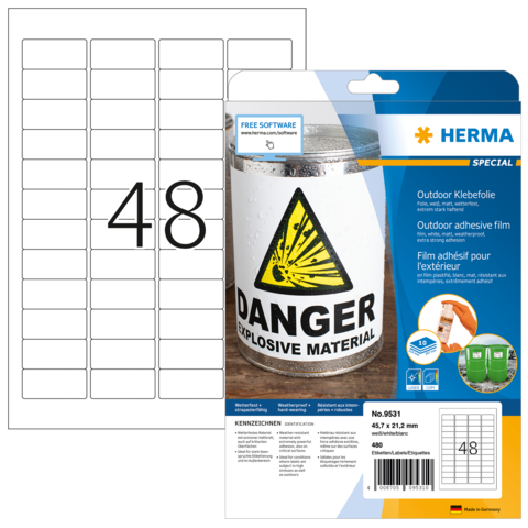 Aufkleberpackung mit Warnhinweis "Danger Explosive Material" und einer Vorlage für 48 Etiketten. Geeignet für den Außenbereich.