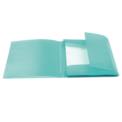 Transparente, türkisfarbene Mappe mit offenem Deckel und einem weißen, gelochten Blatt im Inneren.
