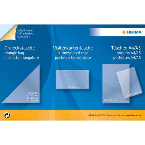 Dreieckstasche, Visitenkartentasche sowie A4/A5 Taschen mit den entsprechenden Abmessungen und Verwendungshinweisen, präsentiert von HERMA.