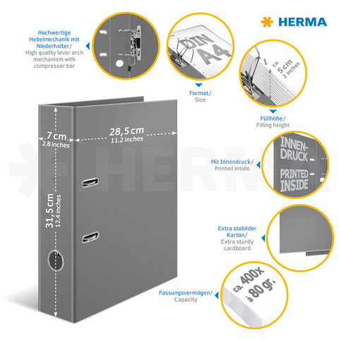 Graue Ringbuchmappe mit hochwertigem Hebelmechanismus, im A4-Format, 7 cm Rückenbreite, Platz für 400 Blätter, aus extra stabilem Karton.
