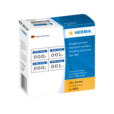 Herma-Anlagenummern, 15 x 22 mm, 2 x 1000 Stück, nummeriert von 000 bis 999, Verpackung in deutscher Sprache.