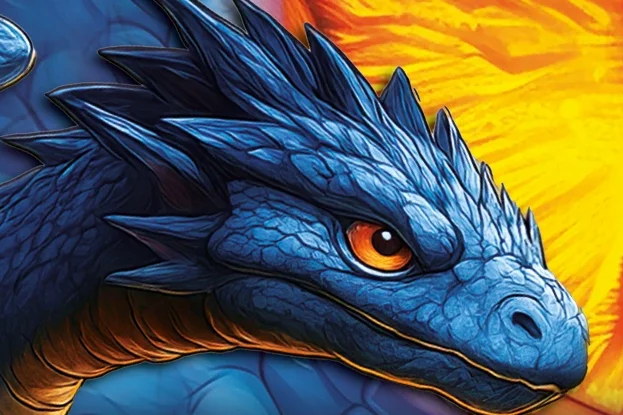 Zwei blaue Drachen mit leuchtenden Augen und detaillierten Schuppen, umgeben von Kristallen und einem glühenden Hintergrund.