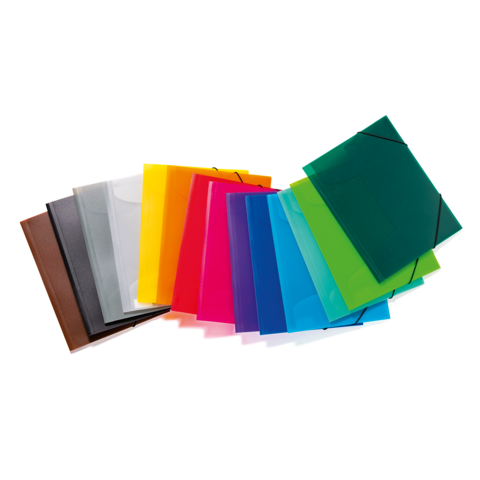 Bunte Kunststoffordner in verschiedenen Farben, angeordnet in einer Reihe, darunter Rot, Schwarz, Weiß, Gelb, Pink, Blau und Grün.