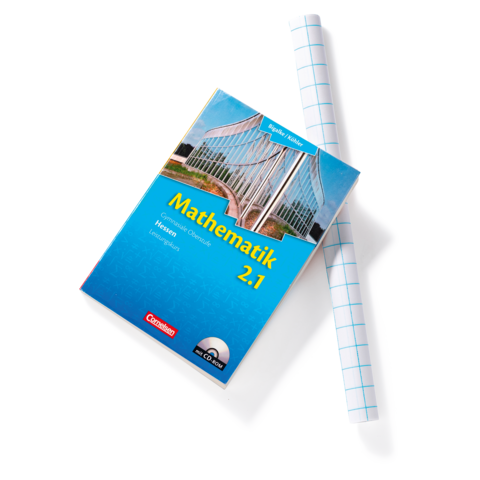 Mathebuch mit dem Titel "Mathematik 2.1" und einem grafischen Cover, daneben ein Blatt kariertes Papier.