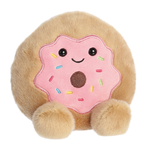Ein gemütliches Plüschtier in Form eines Donuts mit einem lächelnden Gesicht und bunten Streuseln.