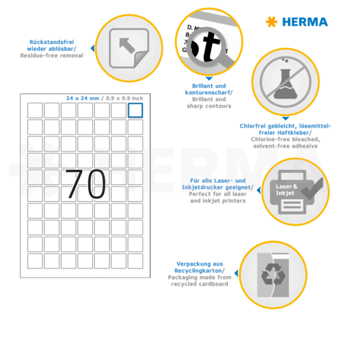 Selbstklebende Etiketten mit den Maßen 24 x 24 mm, geeignet für Laser- und Inkjetdrucker, umweltfreundliche Verpackung aus recyceltem Karton.