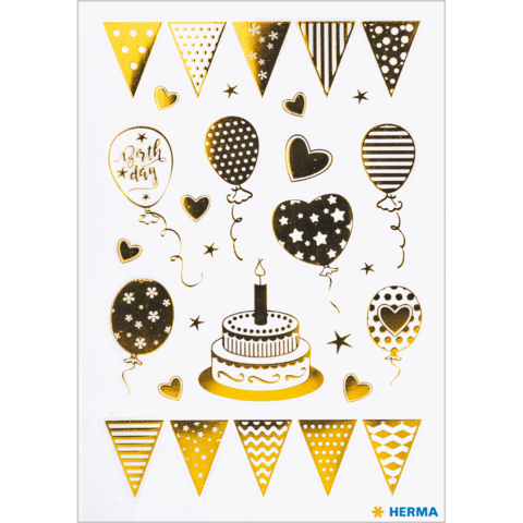 Goldene Aufkleber mit Geburtstagsmotiven, darunter Luftballons, Herzen, eine Torte mit Kerze und Wimpel.