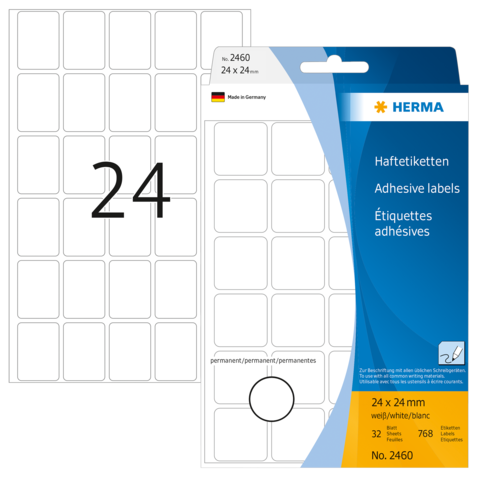 Haftetiketten von Herma, 24x24 mm, 32 Stück, permanent, auf Verpackung mit deutscher Kennzeichnung.