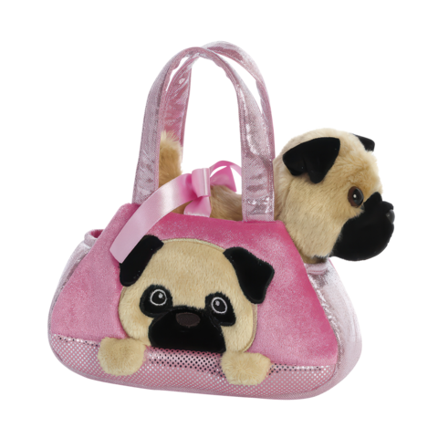 Eine rosa Handtasche mit einem Plüschmops, der aus der Tasche schaut. Die Tasche hat zwei Tragegriffe und ein glitzerndes Design.