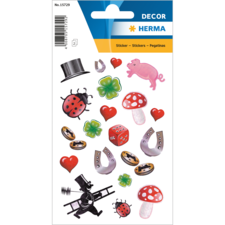 Bunte Aufkleber mit verschiedenen Motiven wie Marienkäfer, Pilzen, Herzen, einem Schwein, Hufeisen und einem Zylinder.