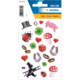 Bunte Aufkleber mit verschiedenen Motiven wie Marienkäfer, Pilzen, Herzen, einem Schwein, Hufeisen und einem Zylinder.