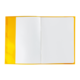 Ein offenes, leeres Notizbuch mit gelbem Umschlag und zwei weißen Seiten.