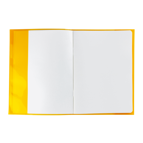 Ein offenes, leeres Notizbuch mit gelbem Umschlag und zwei weißen Seiten.