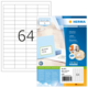 Etikettenpackung von HERMA mit 64 Etiketten, inklusive Beispiel für beschriftete Karte. Verpackungsdetails und Softwarehinweis sichtbar.