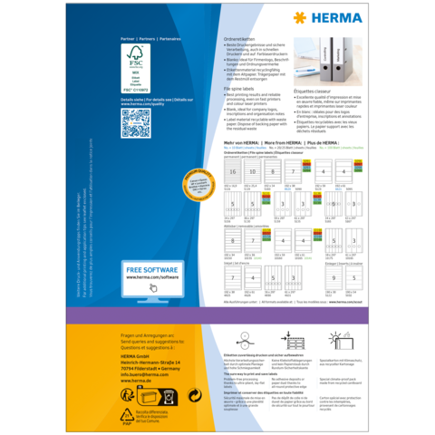 Rückseite eines Produkthandbuchs von HERMA mit Anleitungen, QR-Code und Informationen zu kostenloser Software.