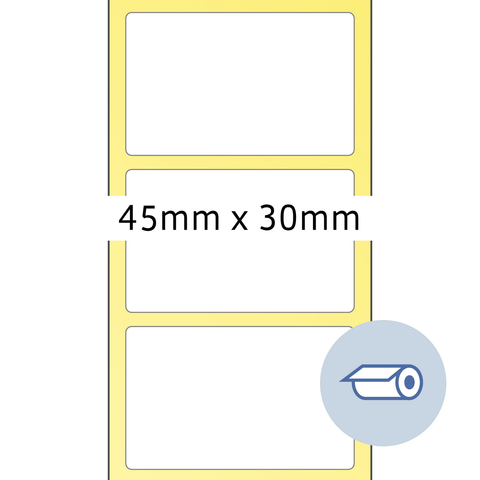 Drei leere Etiketten mit den Abmessungen 45 mm x 30 mm auf gelbem Hintergrund.