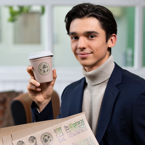 Ein junger Mann in einem schicken Outfit hält einen Kaffeebecher in der Hand und lächelt. Im Hintergrund sind verschwommene Möbel zu erkennen.