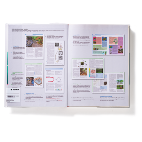 Zwei offene Buchseiten mit Text und Illustrationen zu verschiedenen Themen, darunter Natur und Wissenschaft.