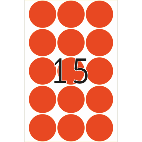 Ein weißes Blatt mit orangefarbenen Kreisen, in der Mitte die Zahl 15 in schwarzer Schrift.