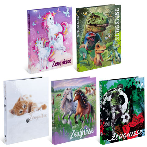 Fünf verschiedene Sammelordner mit bunten Designs, darunter Einhörner, Dinosaurier, Katzen, Pferde und Fußballmotive, alle mit dem Titel 'Zeugnisse'."
(Note: The text is already in German and does not require translation. It is clear and fluent as it stands.)
