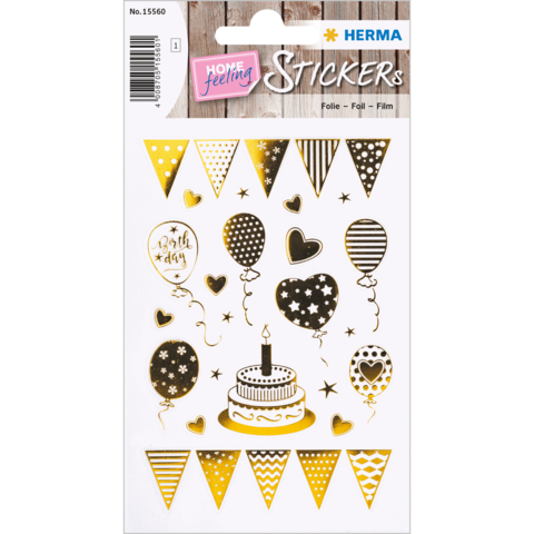Goldene Aufkleber mit Geburtstagsmotiven, darunter Luftballons, Herzen, eine Torte und Wimpel in verschiedenen Designs.