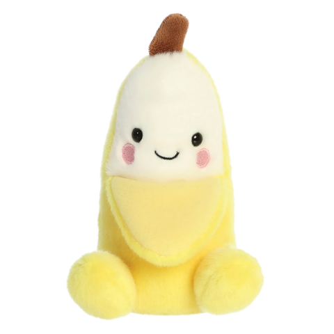 Kuscheltier in Form einer Banane mit einem lächelnden Gesicht, in Gelb und mit einem braunen Stiel.