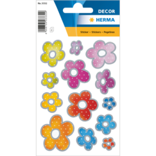 Bunte Blumensticker in verschiedenen Größen und Farben, auf einer Verpackung angeordnet. Enthält gelbe, pinke, orange und blaue Blumen.
