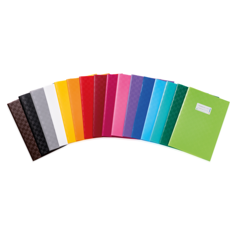 Eine Reihe von farbigen Ordnern in verschiedenen Farben, angeordnet von links nach rechts, einschließlich Schwarz, Weiß, Gelb, Rot, Blau und Grün.