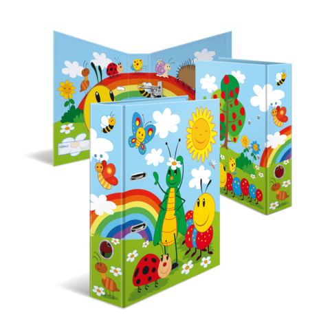 Bunte Ordner mit Tiermotiven, darunter Käfer, Schmetterlinge und eine Raupe, umgeben von einer fröhlichen Landschaft mit Sonne und Regenbogen.
