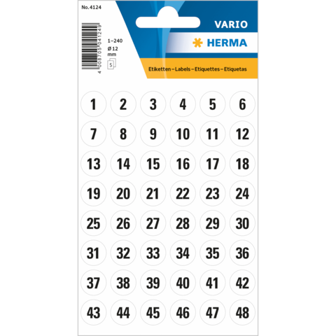 Runde Aufkleber mit Zahlen von 1 bis 48 auf einem weißen Trägerblatt, geeignet für Etikettierungen.