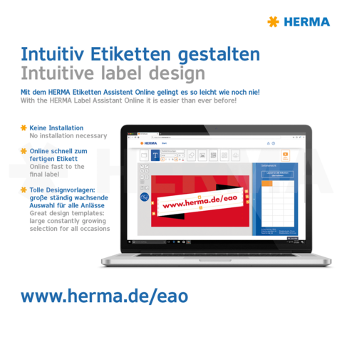 Intuitive Gestaltung von Etiketten mit dem HERMA Etiketten Assistent Online. Keine Installation erforderlich, schnelle Online-Auswahl von Vorlagen.
