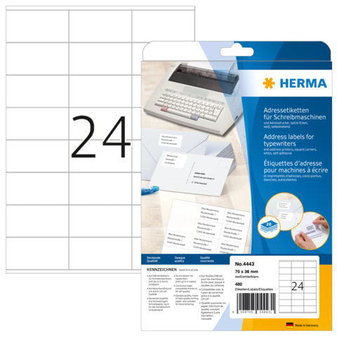 Adressetiketten für Schreibmaschinen in einem Pack mit 24 Etiketten. Enthält Beispiele für die Verwendung und Produktinformationen.