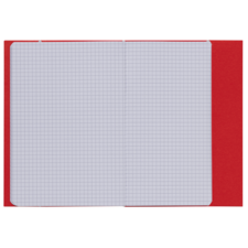 Ein offenes kariertes Notizbuch mit rotem Einband, das leere Seiten zeigt.