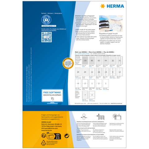 Etiketten für Recyclingpapier von HERMA, mit Informationen zu Anwendung und Software, sowie verschiedenen Etikettengrößen und -formaten.