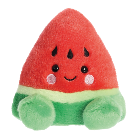Plüschspielzeug in Form einer Wassermelone, rot mit grüner Unterseite und einem lächelnden Gesicht, das kleine Augen und schwarze Kerne hat.