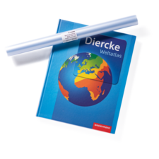 Diercke Weltatlas mit einer blauen Hülle und einer blauen Stiftrolle, die darauf liegt.