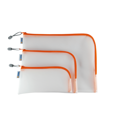 Drei durchsichtige Taschen mit orangefarbenem Reißverschluss in unterschiedlichen Größen. Ideal für die Aufbewahrung von Kleinigkeiten.