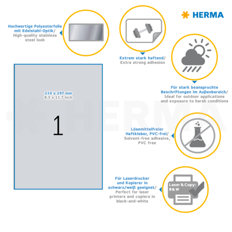 Hochwertige Polyesterfolie mit Edelstahl-Optik, extrem stark haftend, für Außenanwendungen geeignet, lösemittelfreier Kleber, für Laser- und Kopierer.