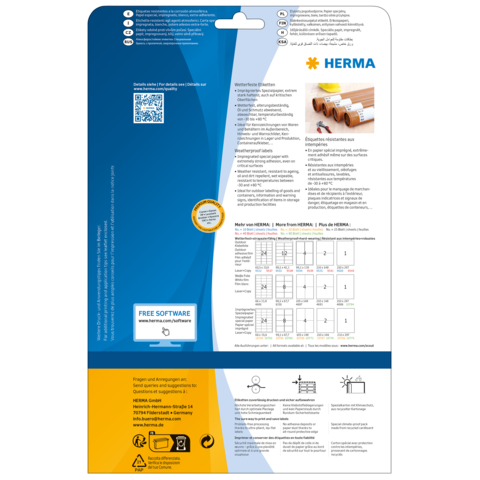 Rückseite einer Verpackung mit Informationen zu HERMA Produkten, einschließlich Softwarehinweis und Anleitungen zur Nutzung.